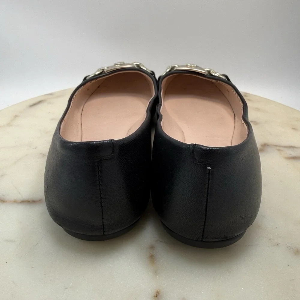 Kate Spade Payton Ballet Flats Black Leather Silver Logo Size 6.5B Slip-On